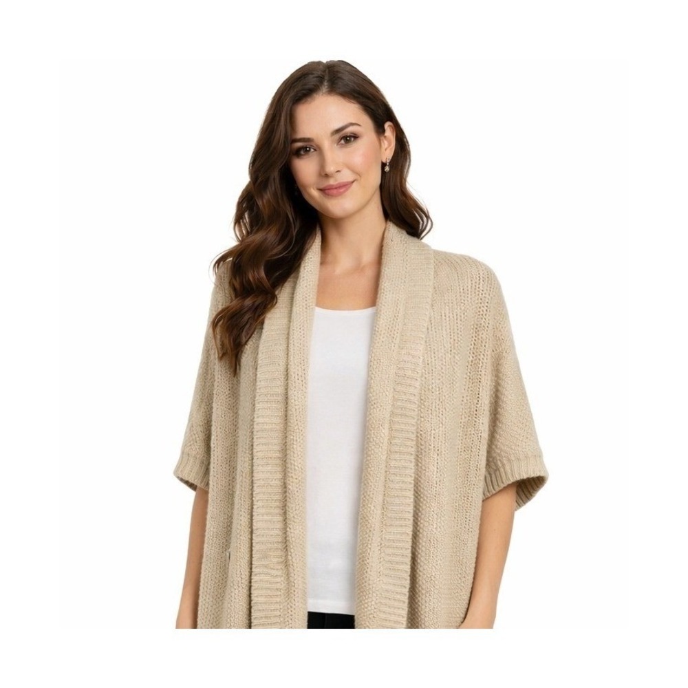 Ann Taylor Alpaca Wool Blend Open Front Shawl Cardigan Beige Short Sleeve Medium